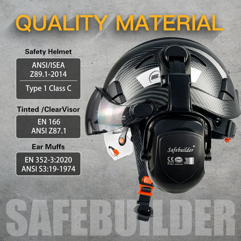 Hard Hat For Construction With Clear And Tinted Visors And Built In Earmuffs Hearing Protection Matte Black Industrial Safety Helmet Featuring 6 Point Suspension Worksite Ready All Day Comfort And Fully Adjustable Fit For Engineers And Builders