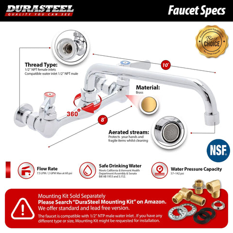 No Lead 8 Inch Center Wall Mount Kitchen Sink Faucet With 10 Inch Swivel Spout Dual Lever Handles Brass Body Chrome Polished Finish NSF Certified Built To Last Heavy Duty Commercial Grade Utility Tap with specs diagram