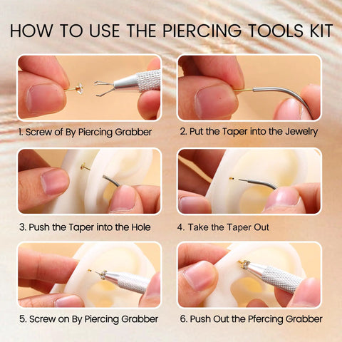 Step-by-step guide showing how to use the Piercing Taper Grabber Reacher Tool Set For Flat Back Earrings Applicator for safe insertion.