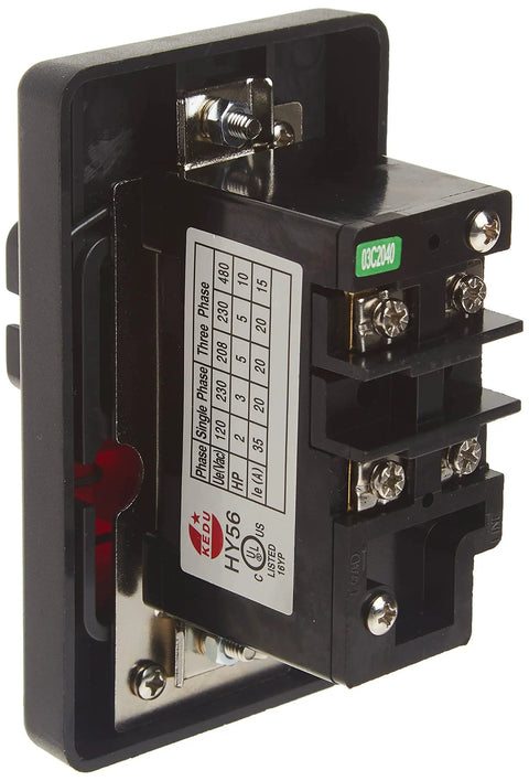 Rock Solid Dual Voltage Toggle Switch For Single Phase Motors Featuring Lockout Safety Button And Straightforward Fitment With Standard Electrical Boxes Built Like A Tank, side view.