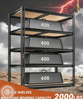 Heavy Duty 5-Tier Garage Shelving Unit In Black 72 Inch Tall 35.54 W By 16 D Metal Storage Rack With 2000 Lbs Total Capacity For Heavy Duty Garage Organization And Easy Bulk Storage, 5 shelves with 400 lb labels