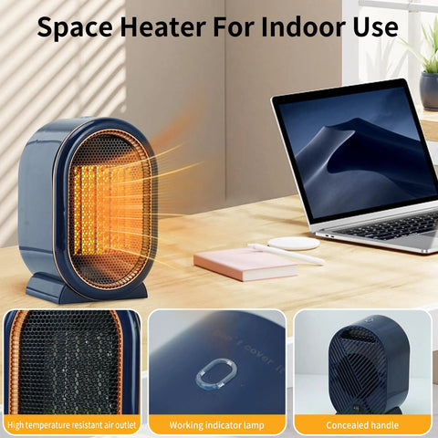 Portable Ceramic Space Heater 1200W Indoor Electric Space Heater With Overheat And Tip Over Protection on desk next to laptop