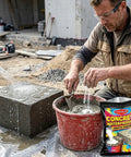 Worker adding Rock Solid Waterproofing Powder For Concrete And Mortar Sealer That Slams The Door On Water Infiltration Across Roofs And Basements Featuring Anti Crack Protection And Pro Grade No Sweat Application At 16 Oz Bag to concrete mix.