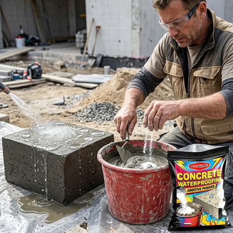Worker adding Rock Solid Waterproofing Powder For Concrete And Mortar Sealer That Slams The Door On Water Infiltration Across Roofs And Basements Featuring Anti Crack Protection And Pro Grade No Sweat Application At 16 Oz Bag to concrete mix.