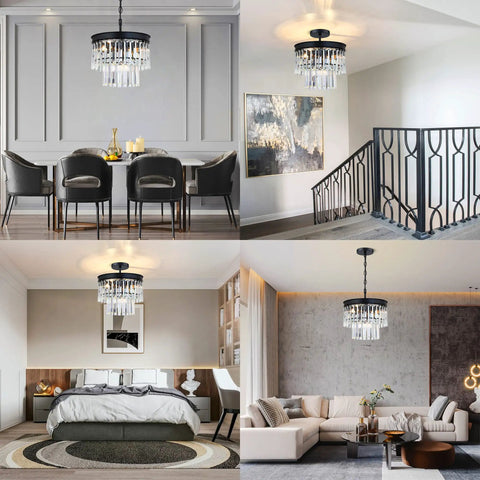 2 Tier Crystal Chandelier With Black Finish for living room, bedroom, dining room, and hallway; real K9 crystals with sparkling strips