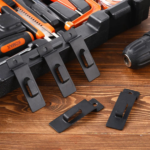 50 Pack Stainless Steel Slatwall Notch Hooks For Panels, Pegboard, Slat Grid, Display Hanging, shown on wooden surface