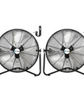 Two black 20-inch high velocity floor fans with 3 speed settings up to 5200 CFM for garage workshop basement, heavy duty metal industrial.