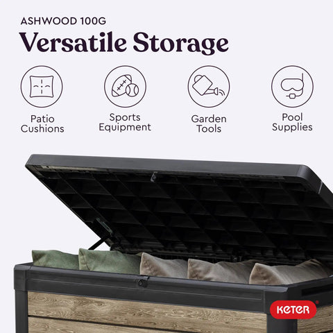 Real Deal All Weather Deck Storage Trunk With 100 Gallon Heavy Duty Resin For Patio Outdoor Cushions Yard Gear And Pool Supplies Ashwood Finish