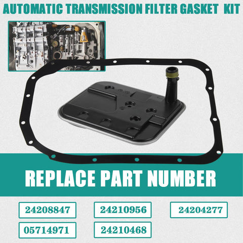 4L80E Automatic Transmission Filter Kit With Oil Pan Gasket For Chevy Silverado Suburban GMC Sierra Yukon Escalade Replaces 24208847 24210956 Keeps Transmission Fluid Clean And Extends Transmission Life with replacement part numbers shown