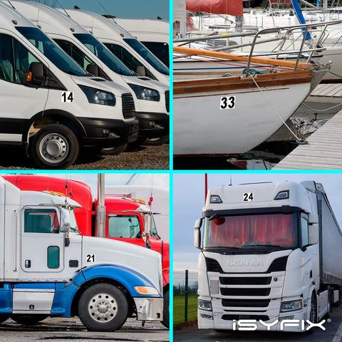 Bold White Vinyl House Numbers Two Sets Of 6 Inch Pre Spaced Address Stickers on various vehicles and boat for visibility