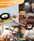 2 In 1 Magnifying Desk Lamp With Light And Timer For Craft And Sewing, Reading Or Close Work, 3 Color Modes, 10 Dimmable Brightness Levels, Flexible Gooseneck LED Loupe, No Adapter, Great For Detailed Projects, shown in use for soldering, reading, carving, and crafting.