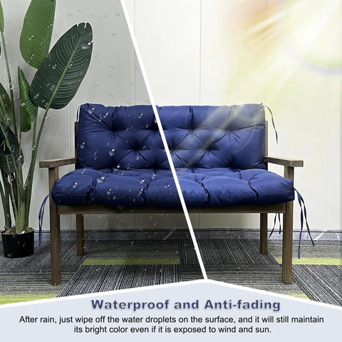 Waterproof Swing Cushions For Outdoor Furniture 2 To 3 Seater With Ties And Backrest 4 Inch Thick Patio Bench Cushions in dark blue.