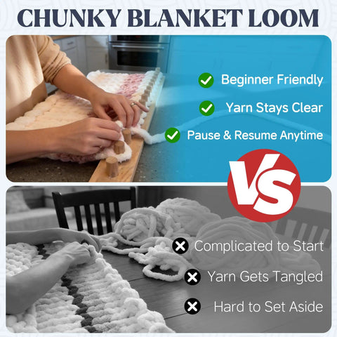 47 Inch Chunky Blanket Loom Adjustable Size For Thick Blankets And Scarves No Needles Required Beginner Friendly No Fuss Easy DIY Craft Kit Gift For Home Crafters And DIY Enthusiasts shown in use on a tabletop with yarn.