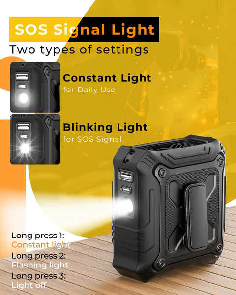 All In One Portable Fan With Five Speed Settings And 8000mAh Battery, showing built-in flashlight with constant and blinking settings.