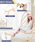 Swing Egg Chair With Stand For Indoor Outdoor Use, Durable Wicker Rattan Basket With UV Resistant Cushions, 350 Lb Capacity shown with a woman relaxing and product features highlighted