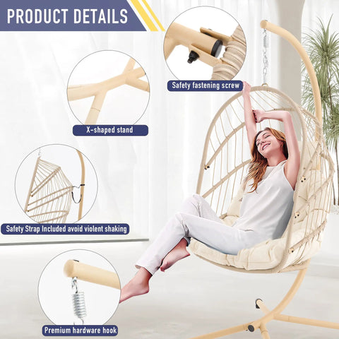 Swing Egg Chair With Stand For Indoor Outdoor Use, Durable Wicker Rattan Basket With UV Resistant Cushions, 350 Lb Capacity shown with a woman relaxing and product features highlighted