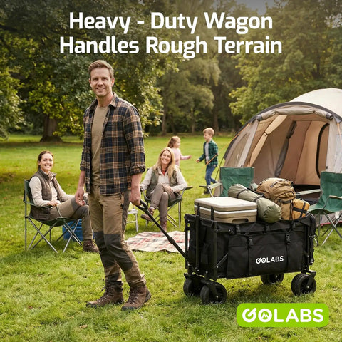 Man pulling Beefy Heavy Duty Garden And Beach Wagon Cart With Brakes Expands To 280L Storage 560 Lbs Load 7x4 All Terrain Wheels