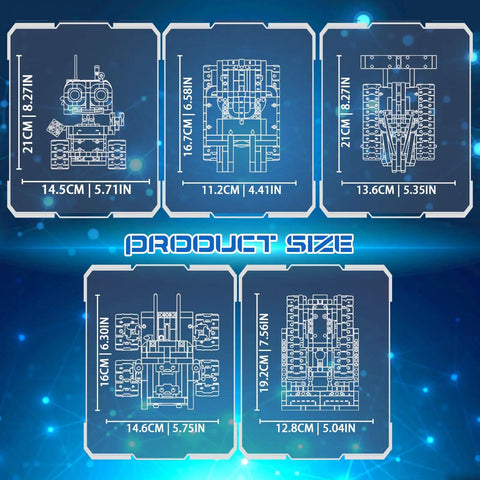 5 In 1 STEM Robot Building Kit with 560 Pieces for Ages 8 12 app controlled size schematic with dimensions in cm and inches
