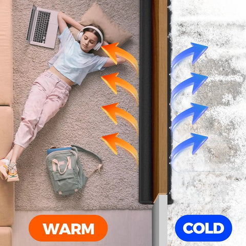 Image showing the Heavy Duty Adjustable Door Draft Stopper And Weather Stripping Seal blocking drafts, with warm air on one side and cold on the other.