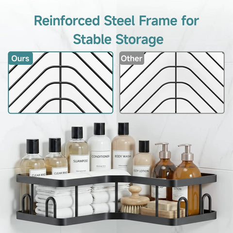 Adhesive Corner Shower Caddy 3-Pack With Soap Holder And Hooks, Space-Saving, No Drill Bathroom Shelves, Reinforced Frame, Black