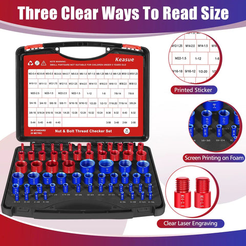 64 Piece Thread Checker Kit With 36 Standard And 28 Metric Sizes, Handy Boxed Set with gauges on display.