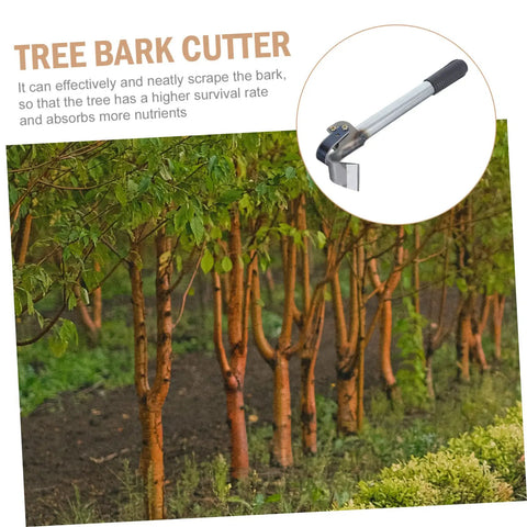 Tree grove with inset of Woodworking Bark Scraper Debarking Tool Hand Spudger Squeegee Scythe Draw Knife For Bark Stripping.