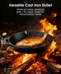 9.5 Inch Cast Iron Skillet With Teardrop Handle cooking fish over campfire, perfect for stove and grill, durable cookware for searing