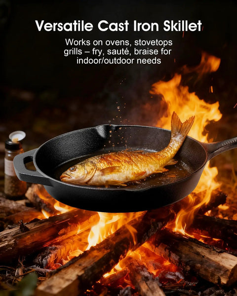 9.5 Inch Cast Iron Skillet With Teardrop Handle cooking fish over campfire, perfect for stove and grill, durable cookware for searing