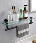 Space Saving 16 Inch Glass Shower Shelf With Towel Bar Floating Wall Mount Tempered Glass Matte Black Finish SUS304 Stainless Steel Bathroom Organizer For Soap Shampoo And More