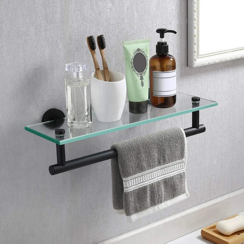 Space Saving 16 Inch Glass Shower Shelf With Towel Bar Floating Wall Mount Tempered Glass Matte Black Finish SUS304 Stainless Steel Bathroom Organizer For Soap Shampoo And More