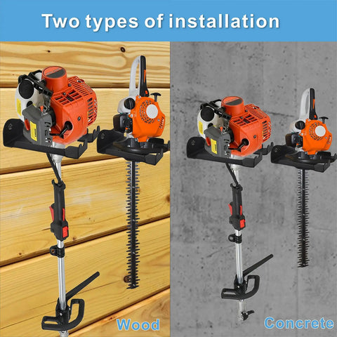 Heavy Duty Garage Organizer Wall Mount Trimmer Rack And Garden Tool Gear Hanger, Steel Weeder Holder on wood and concrete