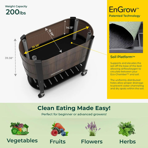 Raised Garden Bed With Legs Built To Last 40 x 20 x 37 In Wood Brown Planter Box With EnGrow TrueSoil Technology diagram.