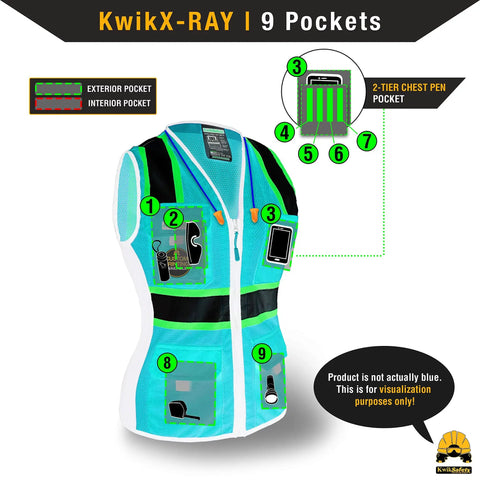 Diagram of Womens Hi Viz Safety Vest With 9 Pockets, Class 2 Reflective ANSI OSHA Rated, Snug Fit Construction Gear