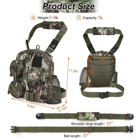 Front and back views of Rugged Tactical Shoulder Bag For Outdoors Crossbody Sling Chest Pack with 5L capacity and 47" strap.
