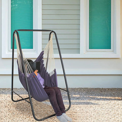 Hammock Chair Stand With Hanging Swing Chair Included For Indoor Outdoor Use Weather Resistant, iron frame, grey cotton weave, person lounging