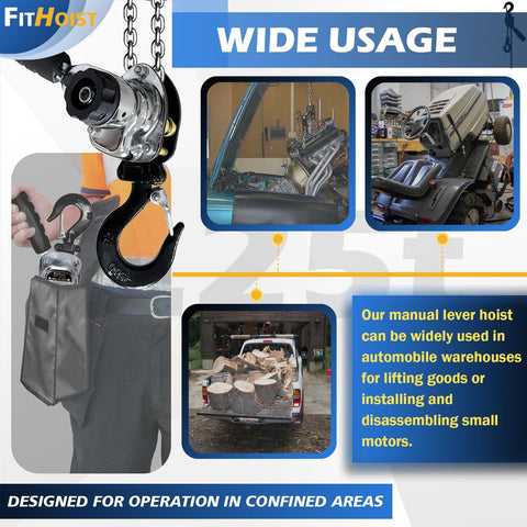 Chrome Plated Mini Chain Hoist, 550 Lbs Capacity, shown with various applications for garage and warehouse use.