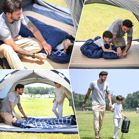 Father and child using Lightweight Waterproof Kids Sleeping Bag For Cold Weather, Flannel Insulation, 44.6F Comfort, 35.6F Limit