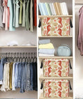 Premium Rectangular Storage Basket For Home Organization Waterproof Fabric Bin With Bold Print Design Perfect For Clothes Quilts Toys And Gear Keep Your Room In Chill Mode placed on shelves with folded towels and clothing.