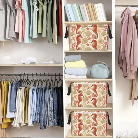 Premium Rectangular Storage Basket For Home Organization Waterproof Fabric Bin With Bold Print Design Perfect For Clothes Quilts Toys And Gear Keep Your Room In Chill Mode placed on shelves with folded towels and clothing.