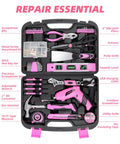 Open case showing Pink 136 Piece Cordless Tool Set With 3.6V USB Electric Screwdriver, lithium drill, wrenches, and assorted tools.