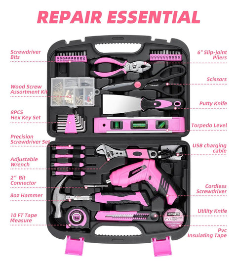 Open case showing Pink 136 Piece Cordless Tool Set With 3.6V USB Electric Screwdriver, lithium drill, wrenches, and assorted tools.