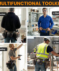Heavy Duty Camo Tool Belt Set With Adjustable Pouches For Electricians And Carpenters, worn by plumber and electrician in workplace.