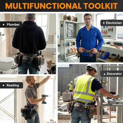 Heavy Duty Camo Tool Belt Set With Adjustable Pouches For Electricians And Carpenters, worn by plumber and electrician in workplace.