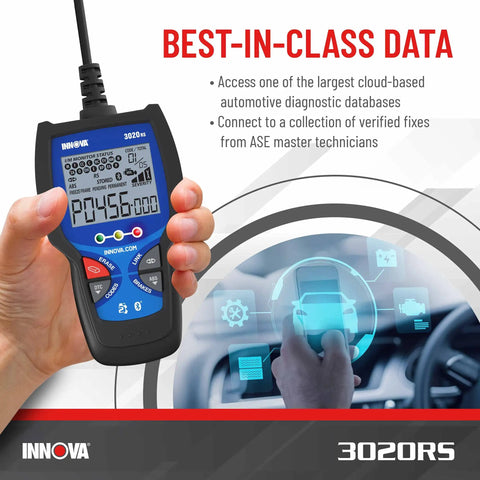 No Hassle OBD2 Code Reader And ABS Scan Tool With Fix And Part Recommendations, shown in hand displaying car diagnostic data