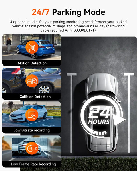 Dual Dash Cam For Your Ride With 5G WiFi Front 2.7K And Interior 1080P showing 24/7 parking mode with motion and collision detection.