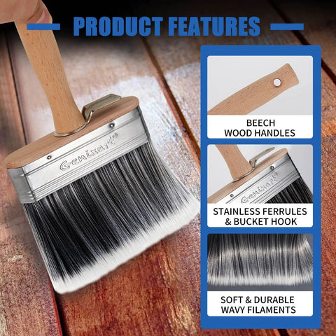 Close-up of 5 Inch Deck Stain And Sealer Block Brush with beech wood handle, stainless ferrules, and wavy nylon bristles, for wood and masonry.
