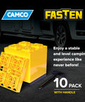 Built Tough Heavy Duty Polymer Rv Leveling Blocks 10 Pack With Quad Grid Traction For Single Or Dual Tires Quick Camper Setup, yellow leveling blocks.