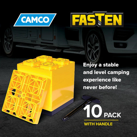 Built Tough Heavy Duty Polymer Rv Leveling Blocks 10 Pack With Quad Grid Traction For Single Or Dual Tires Quick Camper Setup, yellow leveling blocks.
