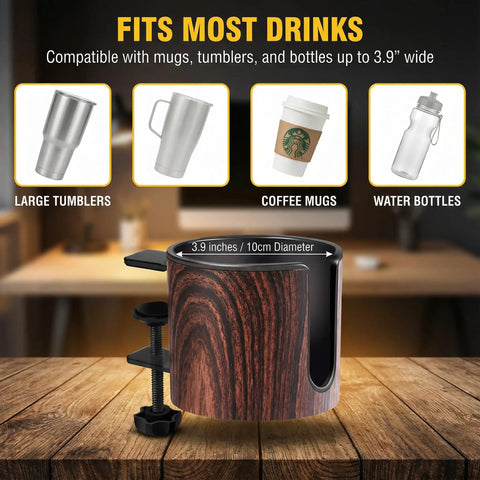 Two Pack Desk Cup Holder Clamp On No Tools Needed For 40oz Tumblers Anti Spill Fits Desks From 0.2 To 2 Inches Thick Easy Install Walnut Finish