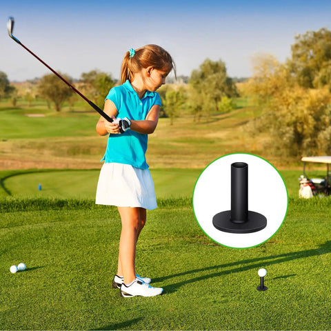 Child using Rubber Golf Tees Set With Holders, Five Height Sizes 1.5, 2.3, 2.7, 3.1, 3.5 Inches, illustrated by inset image.